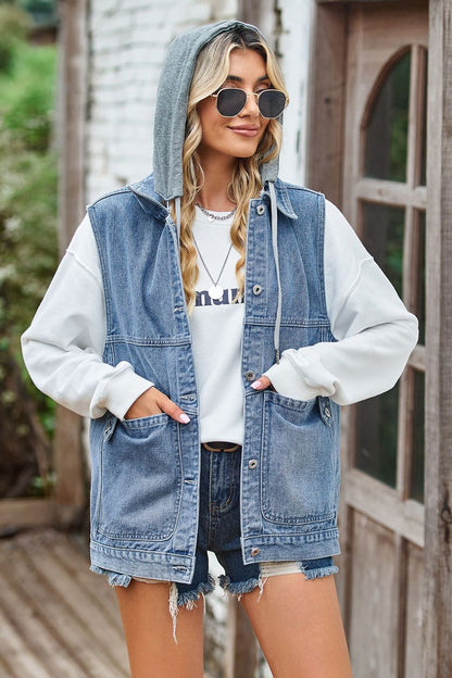 Sleeveless Denim Top with A Detachable Hood-Angel Casuals