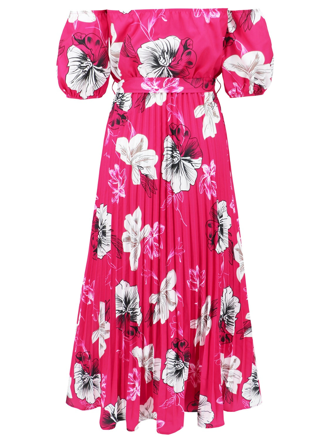 Pleated Floral Off-Shoulder Short Sleeve Midi Dress-Angel Casuals