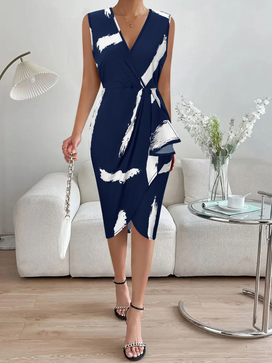 Printed Surplice Sleeveless Knee Length Dress-Angel Casuals