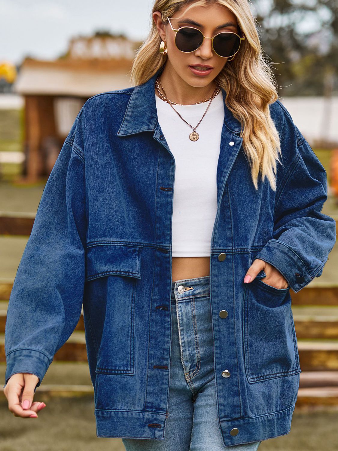 Dropped Shoulder Denim Jacket with Pockets-Angel Casuals