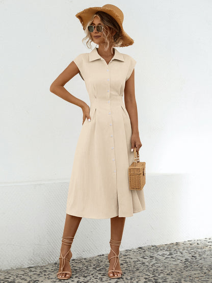 Button Up Cap Sleeve Midi Dress-Angel Casuals