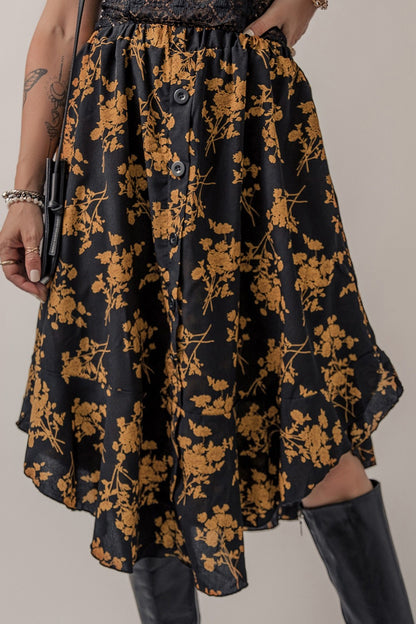 Floral Buttoned Ruffle Hem Skirt-Angel Casuals