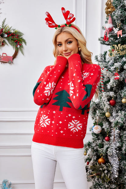 Christmas Tree Round Neck Long Sleeve Sweater-Angel Casuals