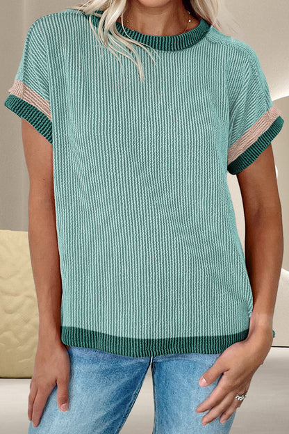 Color Block Round Neck Cap Sleeve T-Shirt-Angel Casuals
