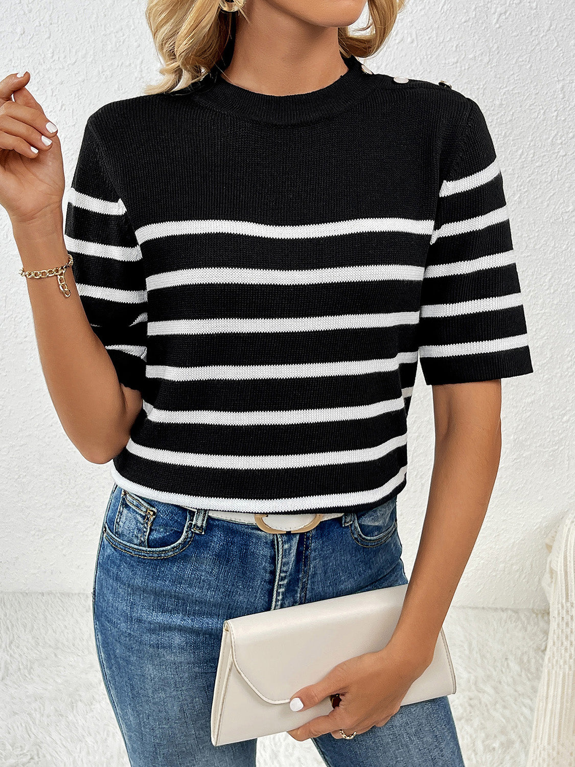 Striped Round Neck Half Sleeve Knit Top-Angel Casuals