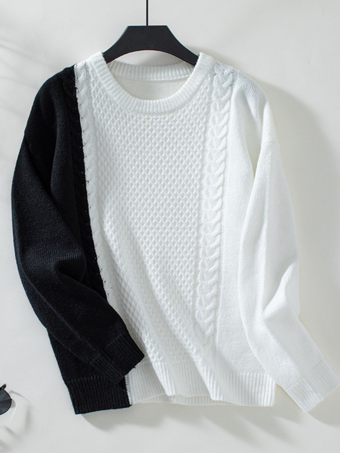 Two Tone Cable Knit Round Neck Long Sleeve Sweater-Angel Casuals