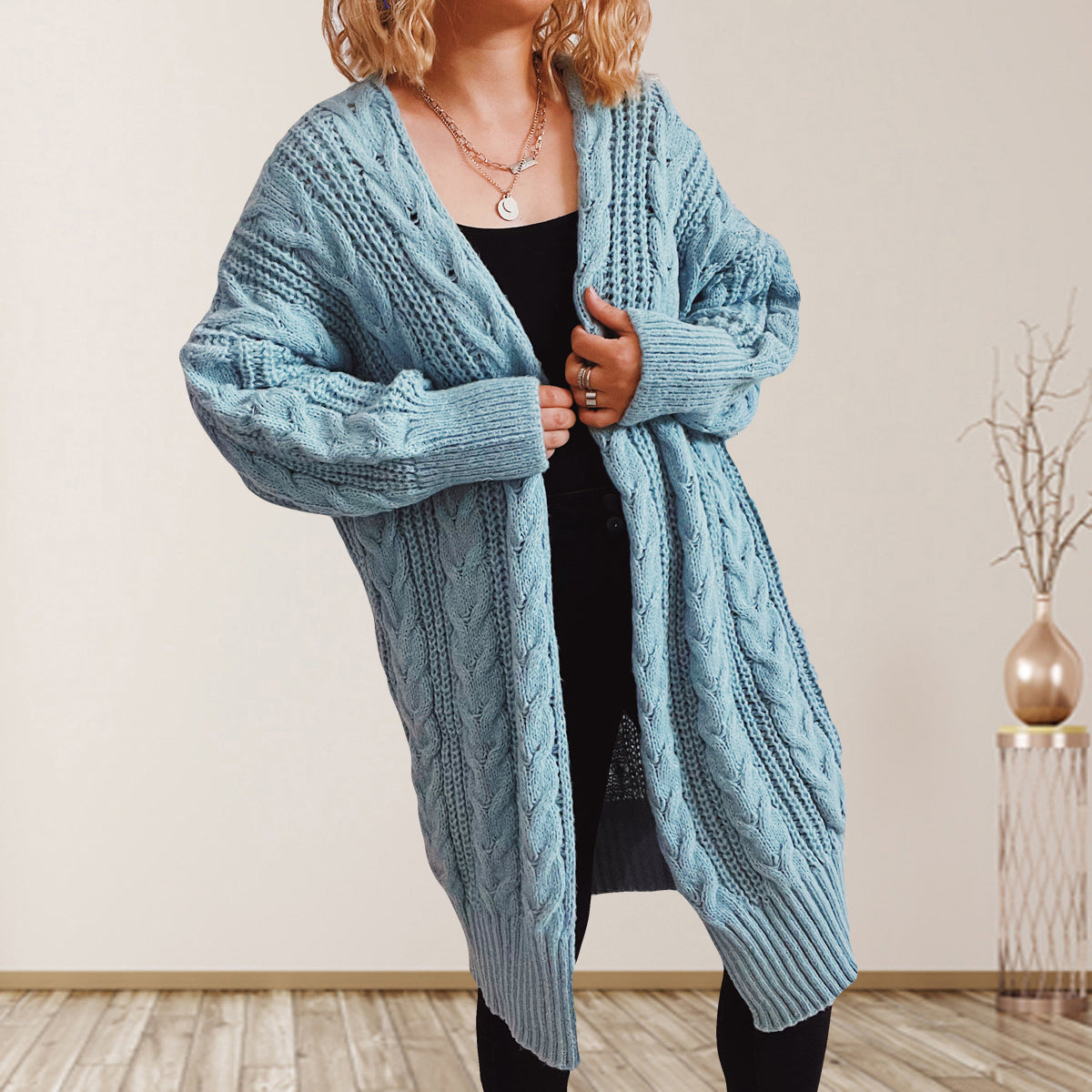 Cable-Knit Open Front Dropped Shoulder Cardigan-Angel Casuals
