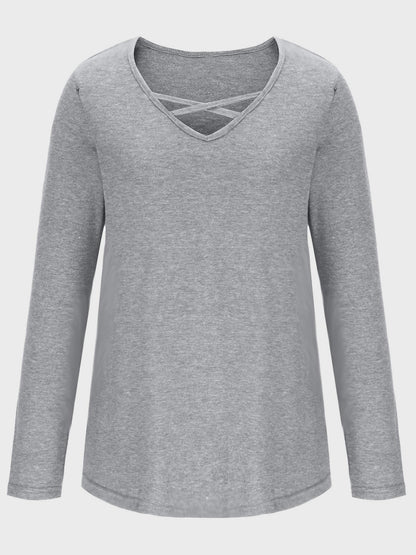 Crisscross V-Neck Long Sleeve T-Shirt-Angel Casuals