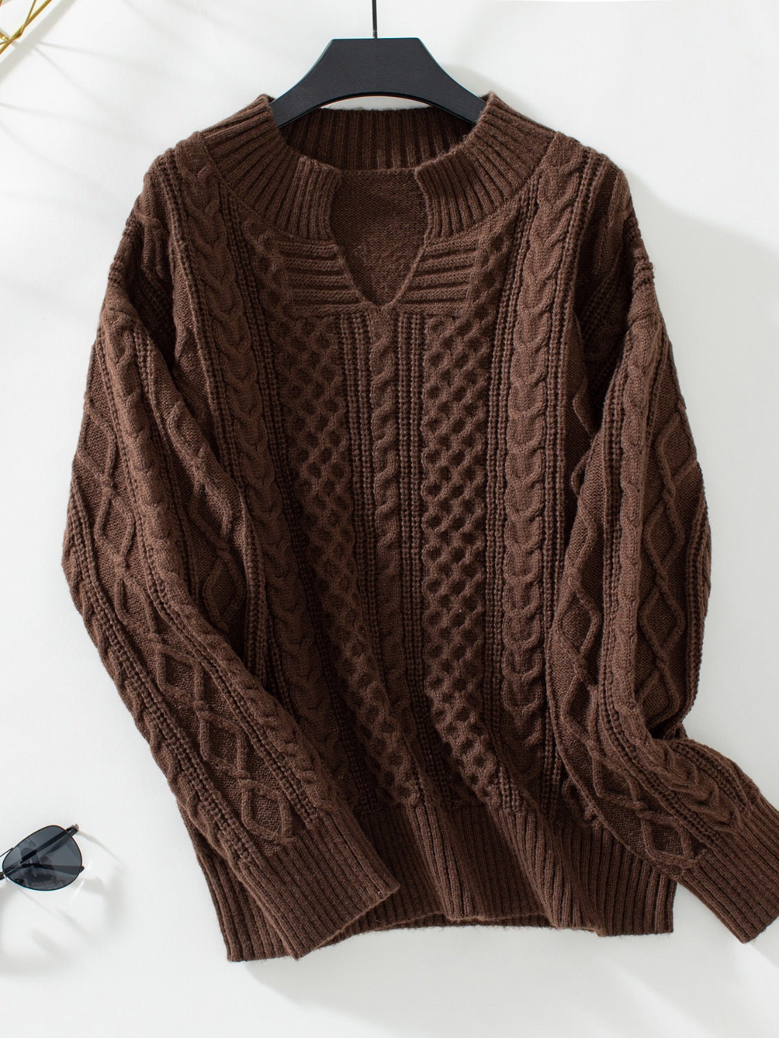 Cable-Knit Notched Long Sleeve Sweater-Angel Casuals