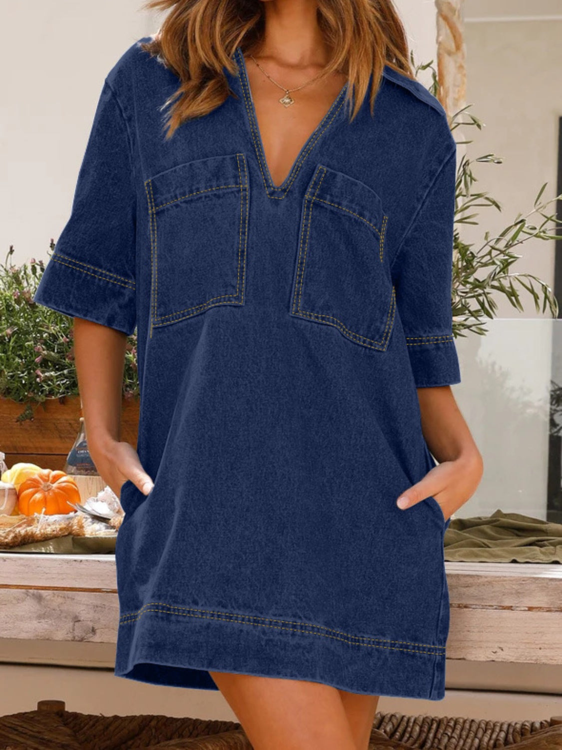 Johnny Collar Half Sleeve Denim Dress-Angel Casuals