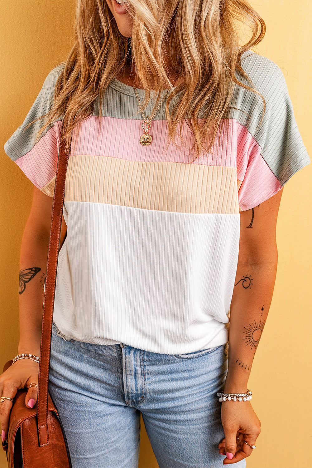 Color Block Round Neck Short Sleeve T-Shirt-Angel Casuals