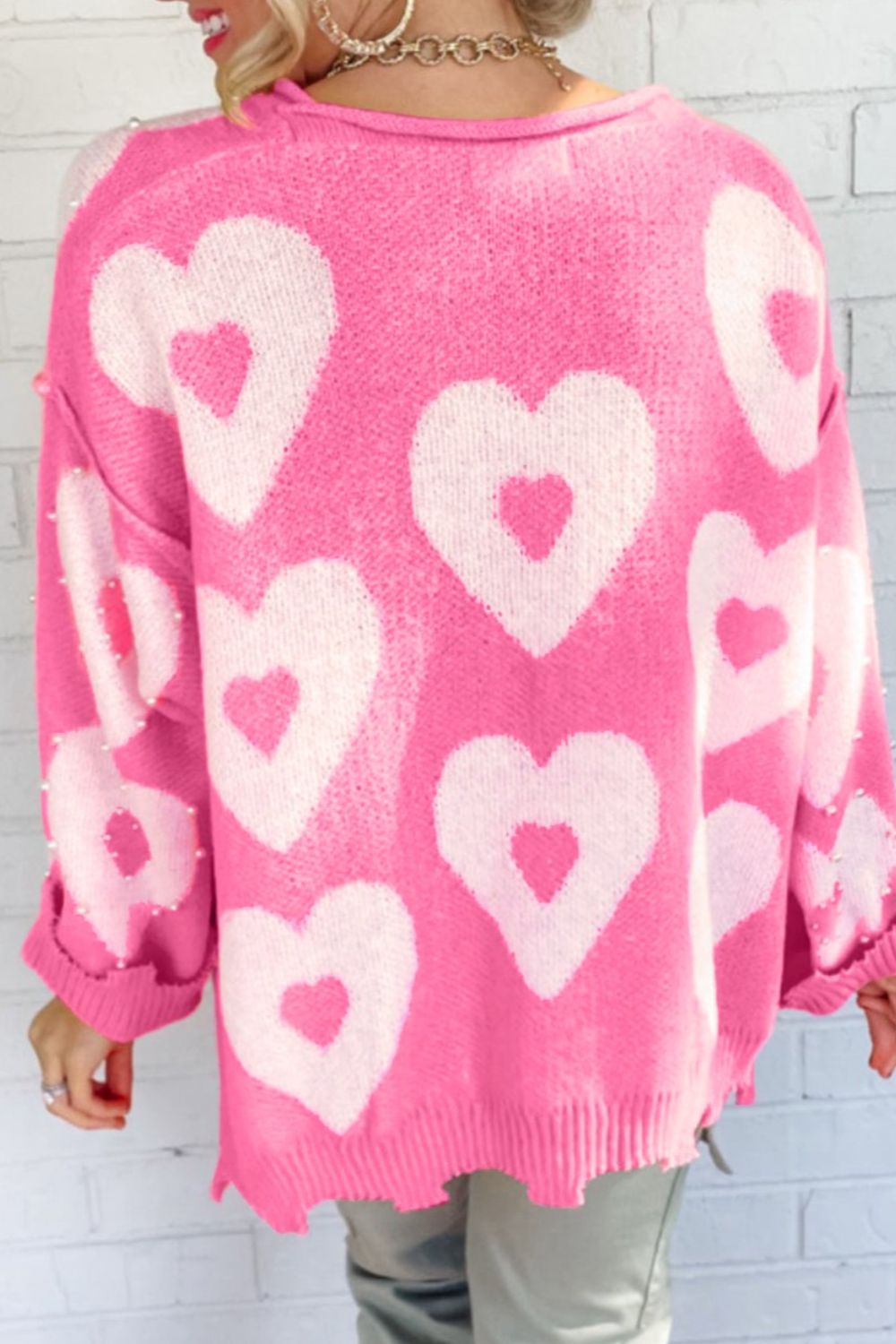 Pearl Detail Heart Round Neck Long Sleeve Sweater-Angel Casuals