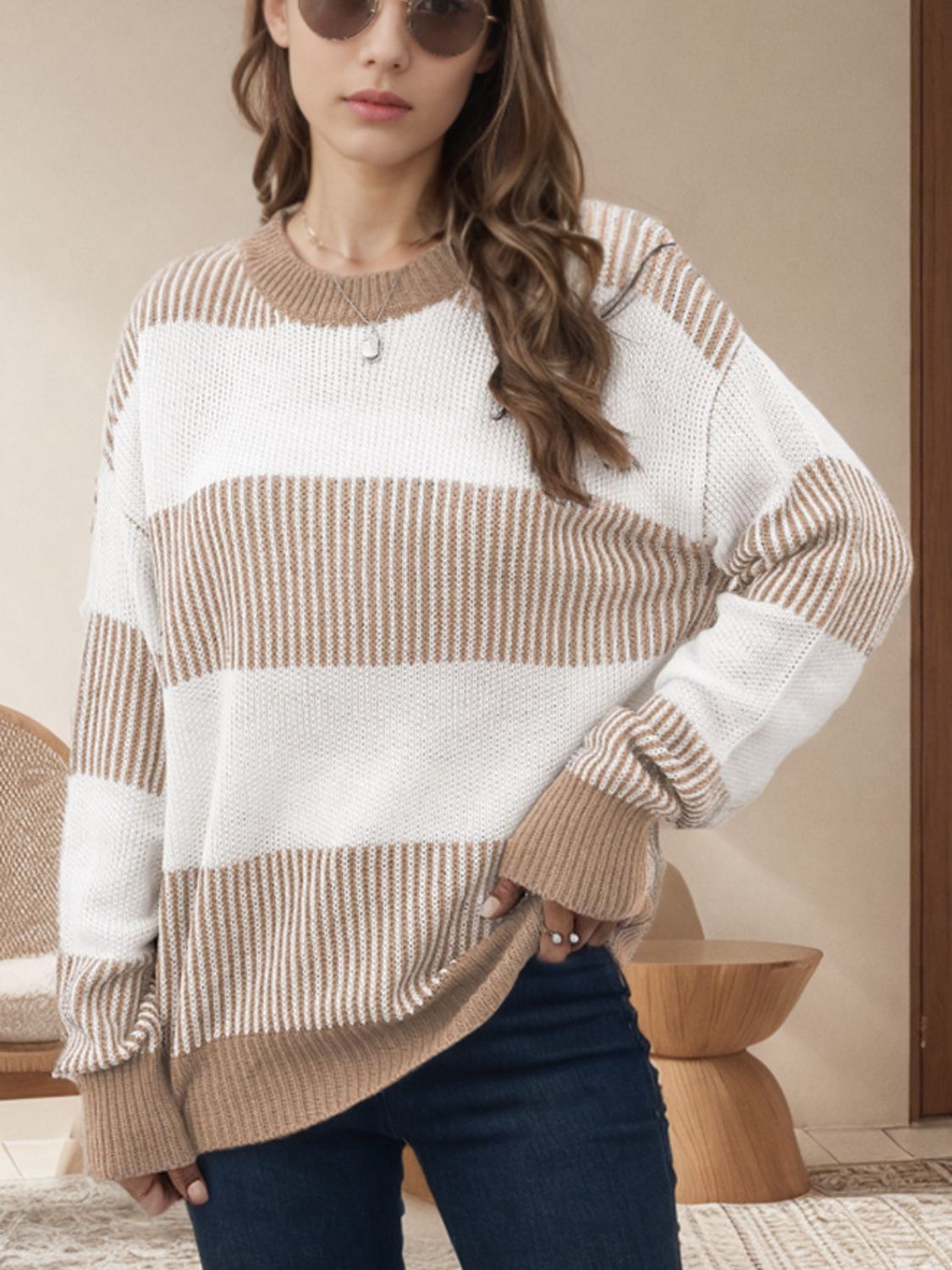 Striped Round Neck Long Sleeve Sweater-Angel Casuals