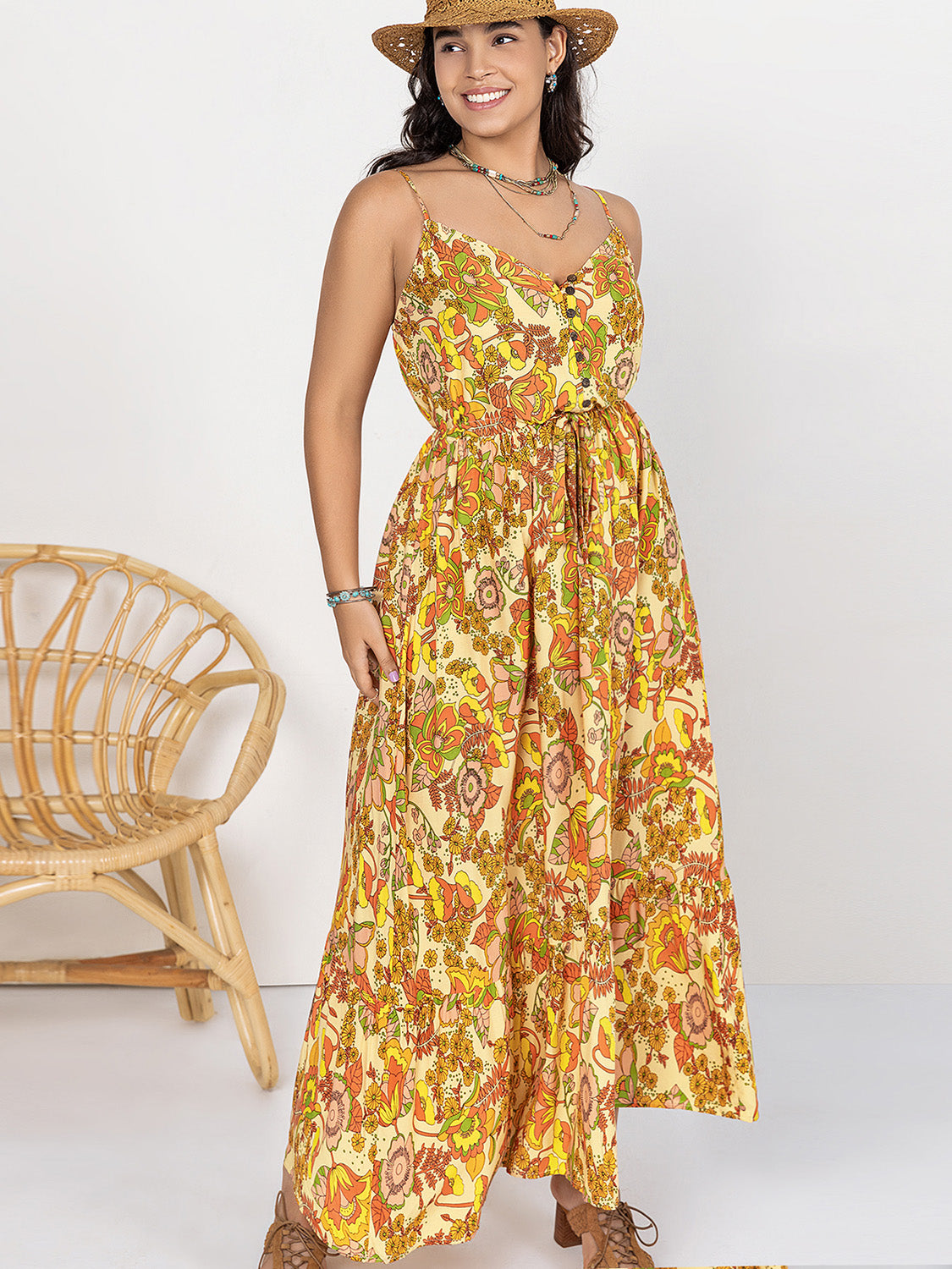 Plus Size Printed V-Neck Maxi Cami Dress-Angel Casuals