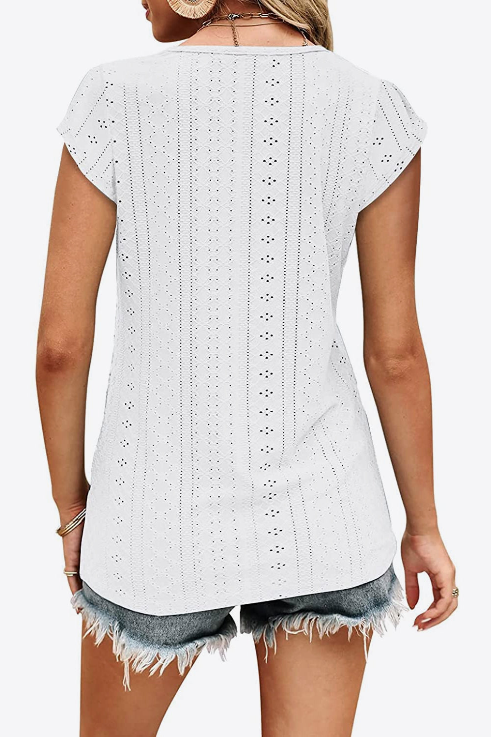 Eyelet Contrast V-Neck Tee-Angel Casuals