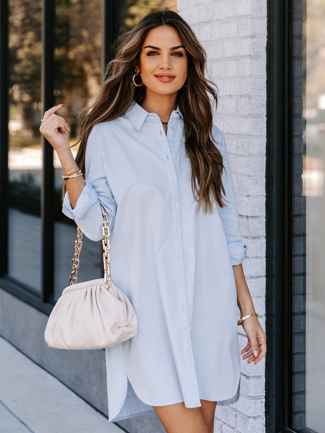 Button Up Collared Neck Long Sleeve Shirt Dress-Angel Casuals