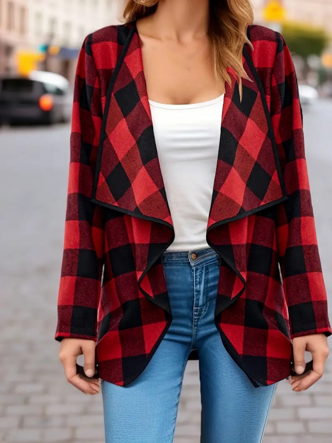 Plaid Open Front Long Sleeve Jacket-Angel Casuals