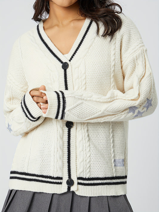 Star Embroidered V-Neck Long Sleeve Cardigan-Angel Casuals