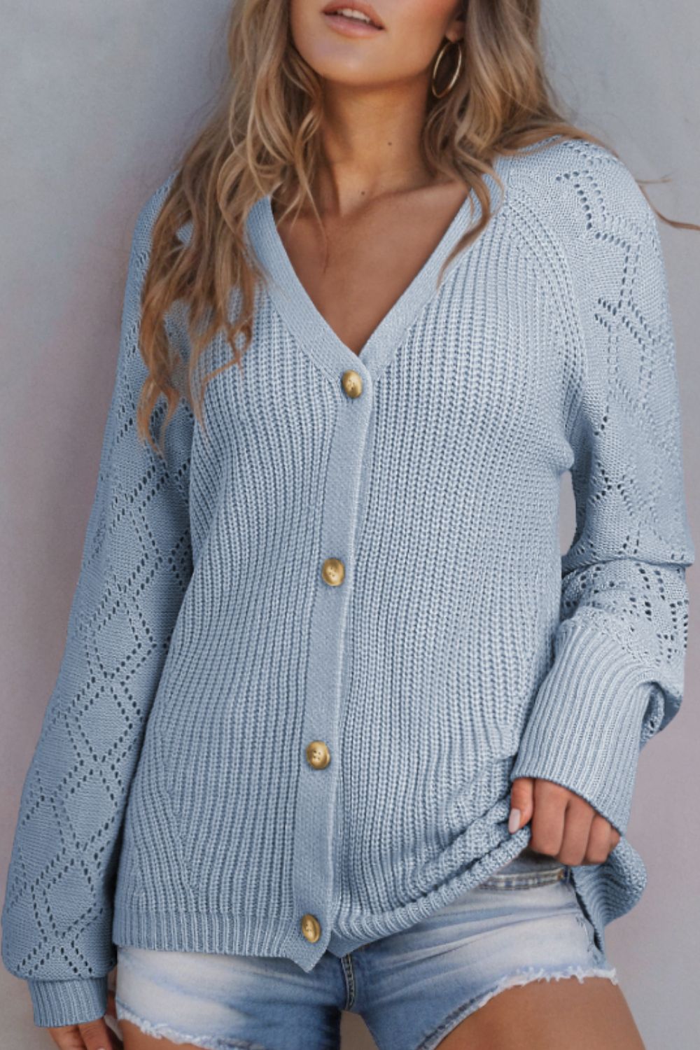 Openwork V-Neck Button Up Cardigan-Angel Casuals