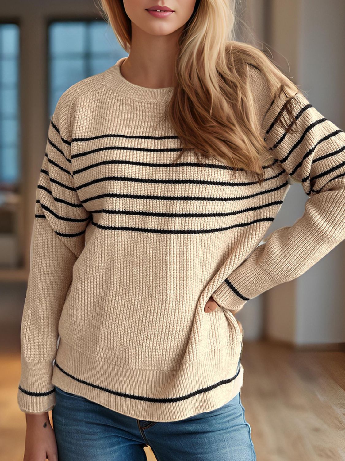 Striped Round Neck Long Sleeve Sweater-Angel Casuals