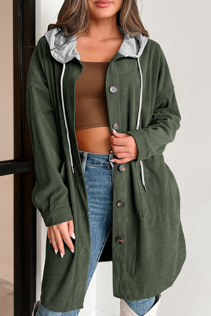 Drawstring Button Up Long Sleeve Hooded Jacket-Angel Casuals