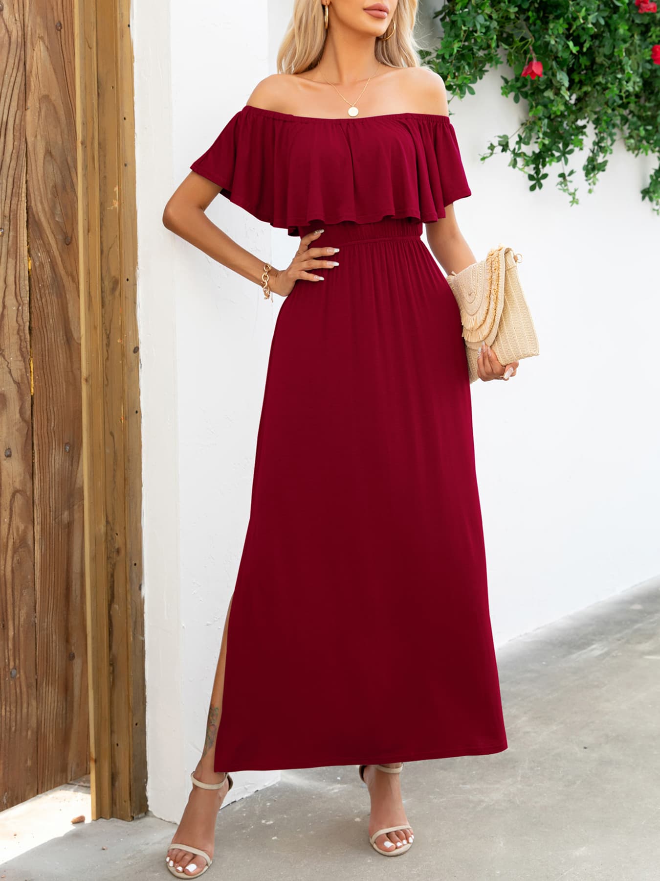 Off-Shoulder Slit Maxi Dress-Angel Casuals