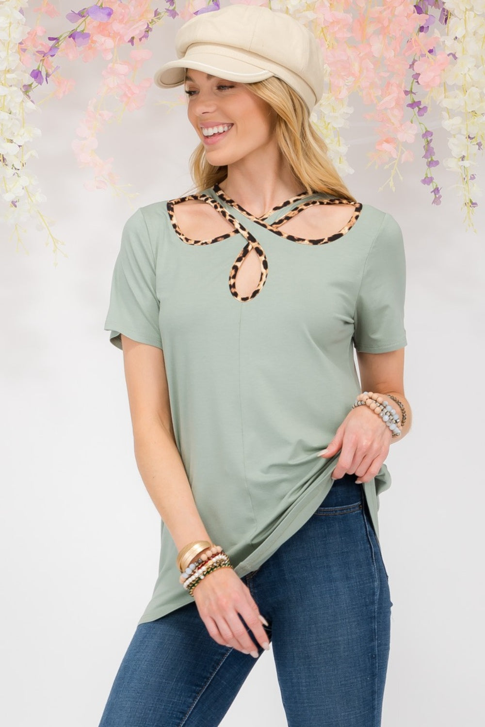 Celeste Full Size Crisscross Cutout Leopard Contrast Trim T-Shirt-Angel Casuals