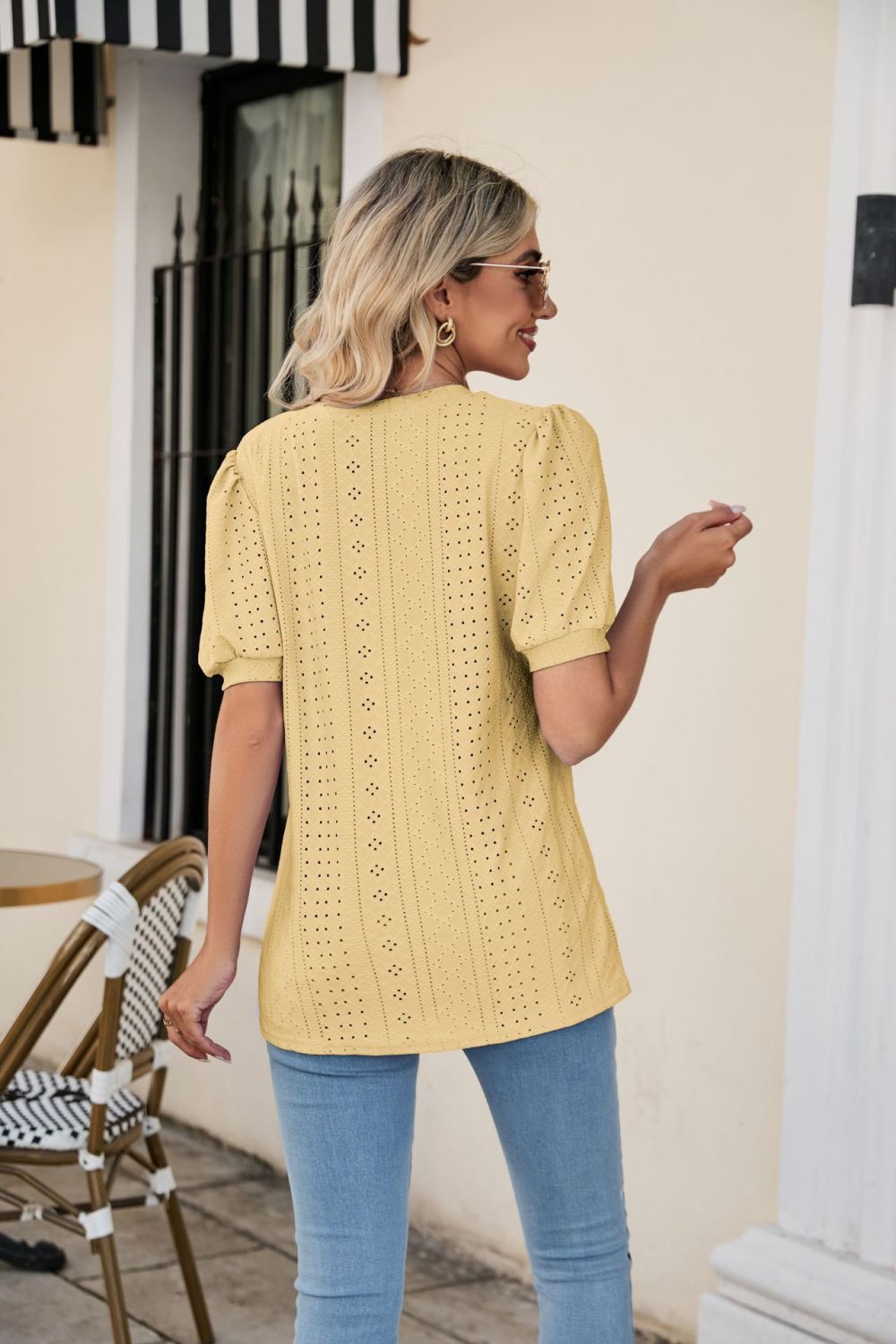 Eyelet Puff Sleeve V-Neck Top-Angel Casuals