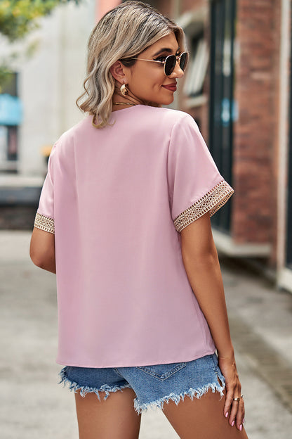 Openwork V-Neck Short Sleeve T-Shirt-Angel Casuals
