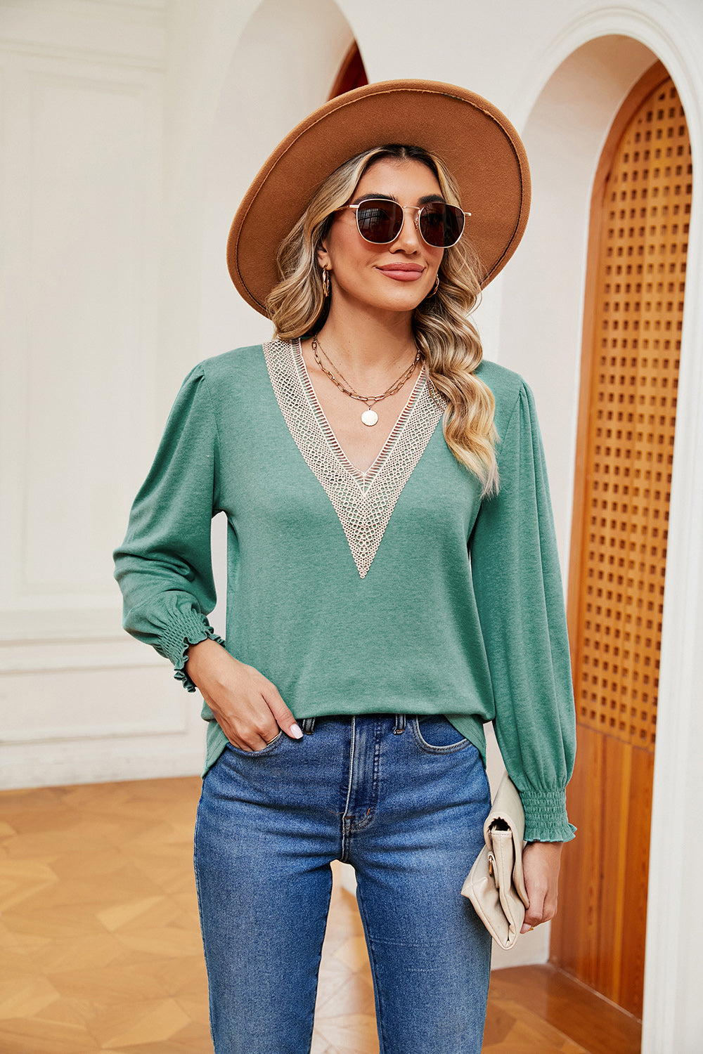 Contrast V-Neck Long Sleeve Top-Angel Casuals