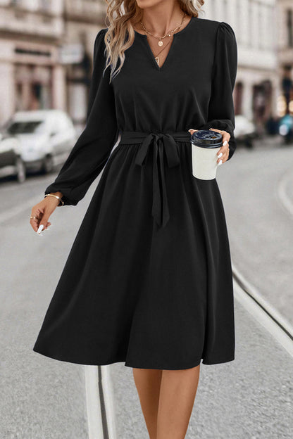 Tie Waist Notched Neck Long Sleeve Dress-Angel Casuals