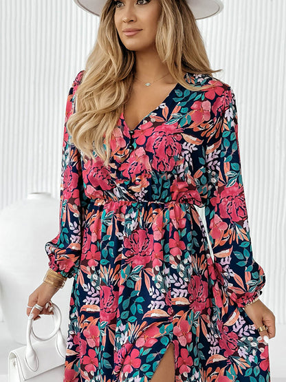 Printed Long Sleeve Slit Dress-Angel Casuals