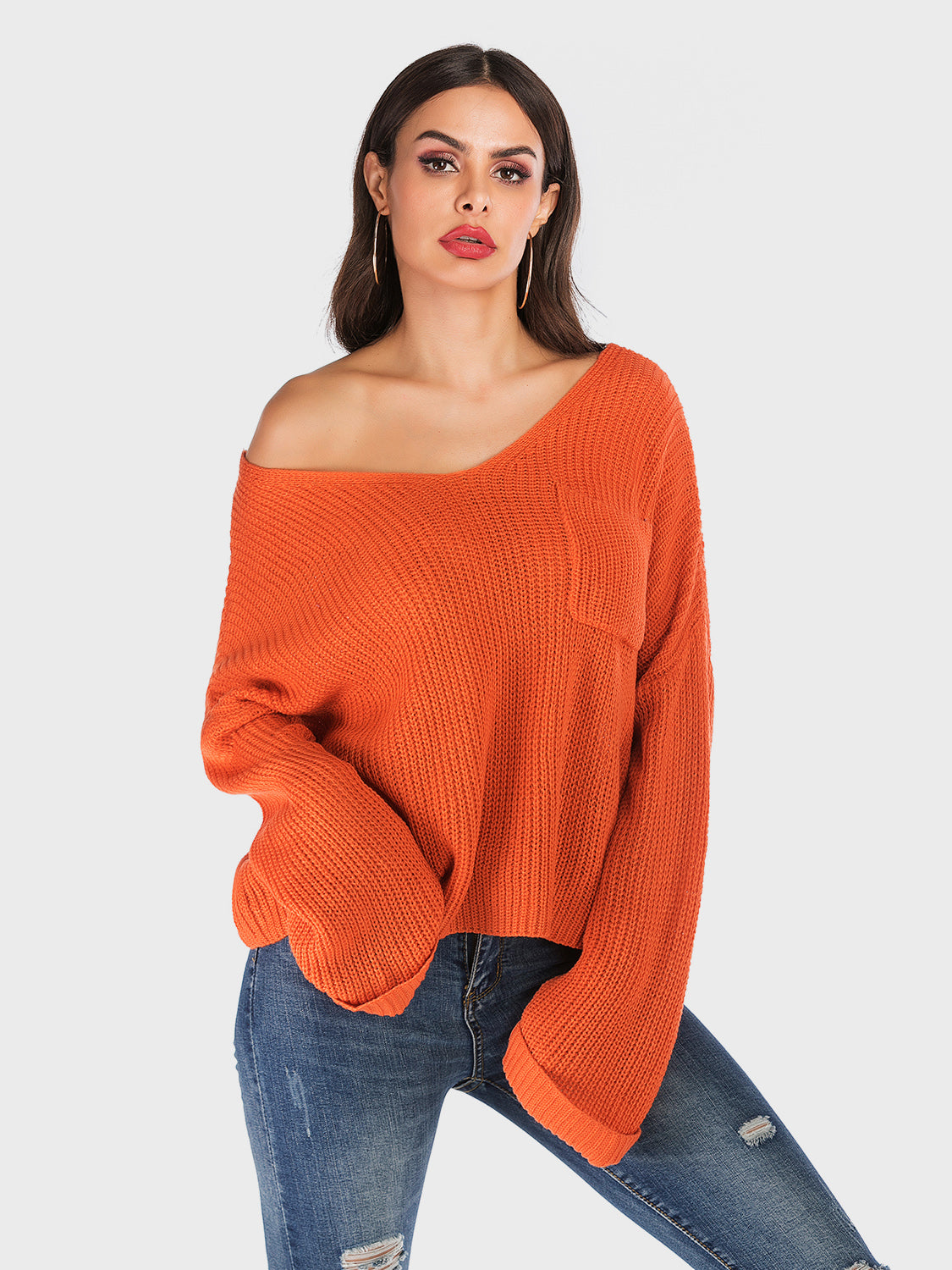 Perfee V-Neck Dropped Shoulder Long Sleeve Sweater-Angel Casuals