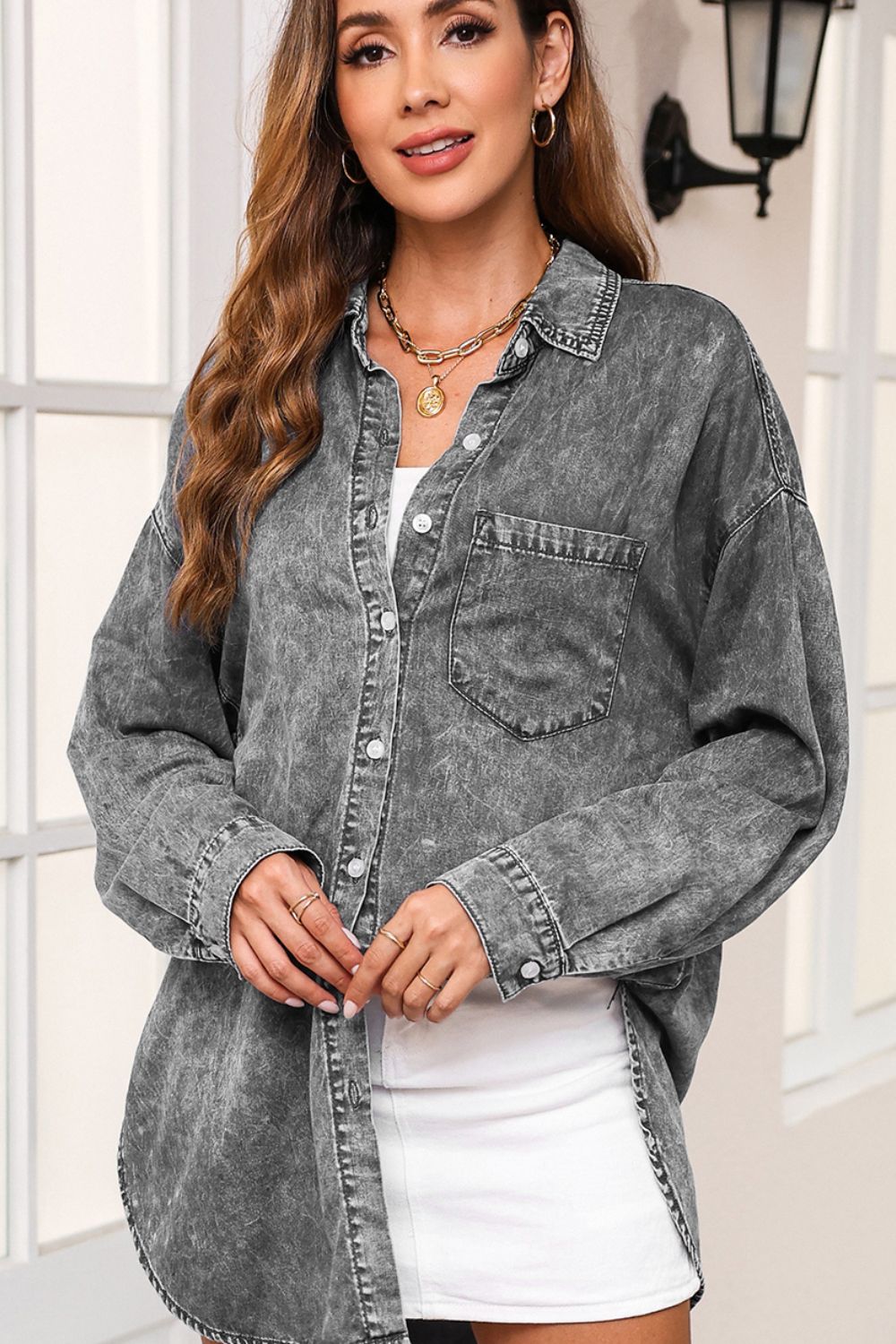 Button Up Dropped Shoulder Denim Top-Angel Casuals