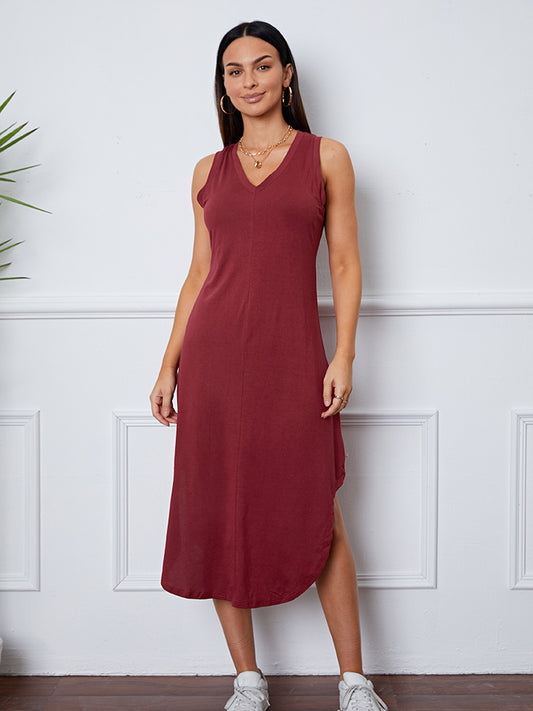 V-Neck Sleeveless Curved Hem Dress-Angel Casuals