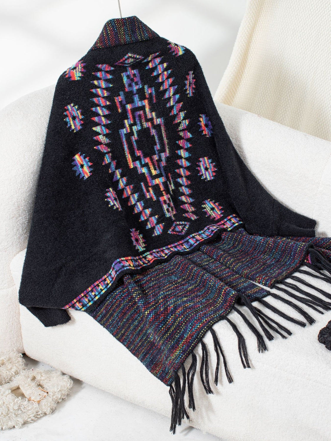 Fringe Geometric Open Front Long Sleeve Cape-Angel Casuals