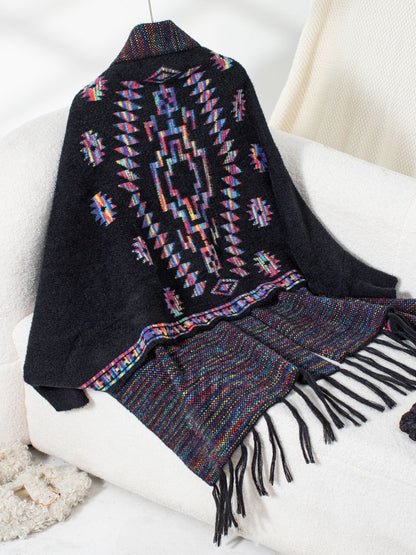 Fringe Geometric Open Front Long Sleeve Cape-Angel Casuals