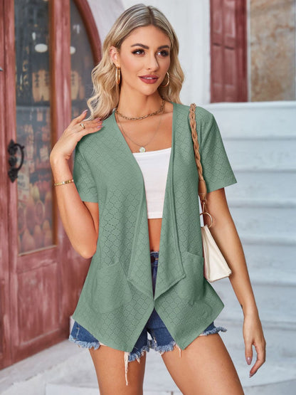 Eyelet Open Front Short Sleeve Cover Up-Angel Casuals