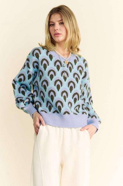 Davi & Dani Scale Jacquard Round Neck Drop Shoulder Sweater-Angel Casuals