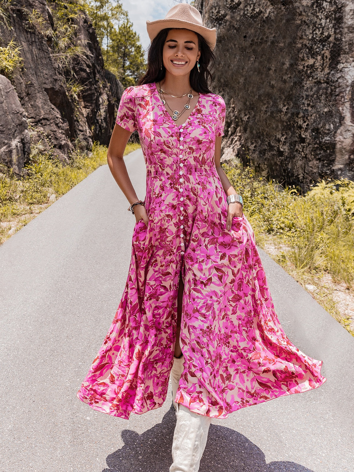 Floral V-Neck Slit Dress-Angel Casuals