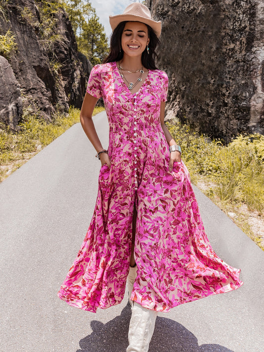Floral V-Neck Slit Dress-Angel Casuals