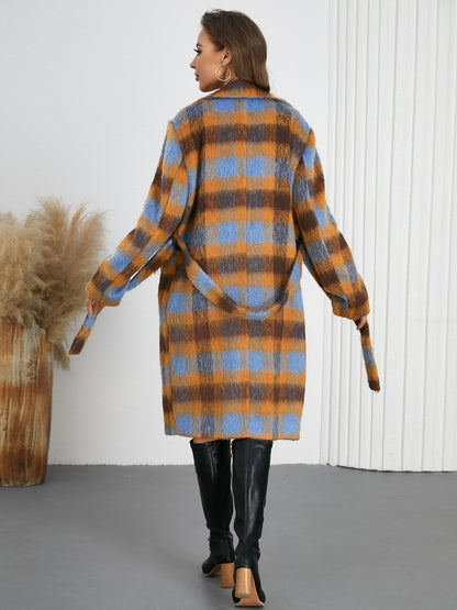 Tied Plaid Collared Neck Coat-Angel Casuals