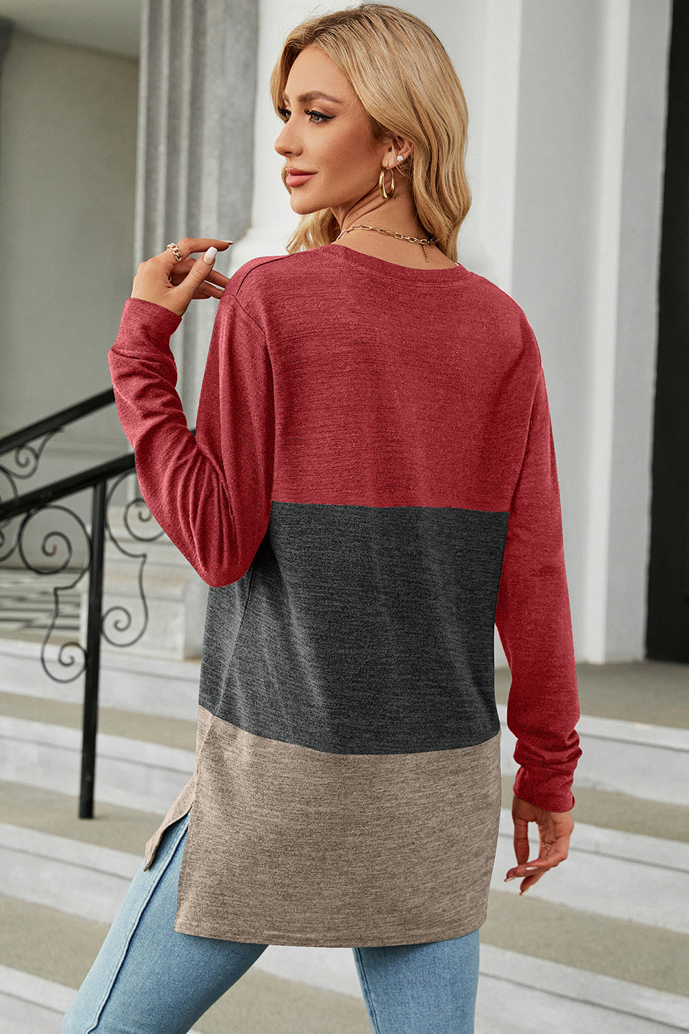 Color Block Round Neck Long Sleeve T-Shirt-Angel Casuals