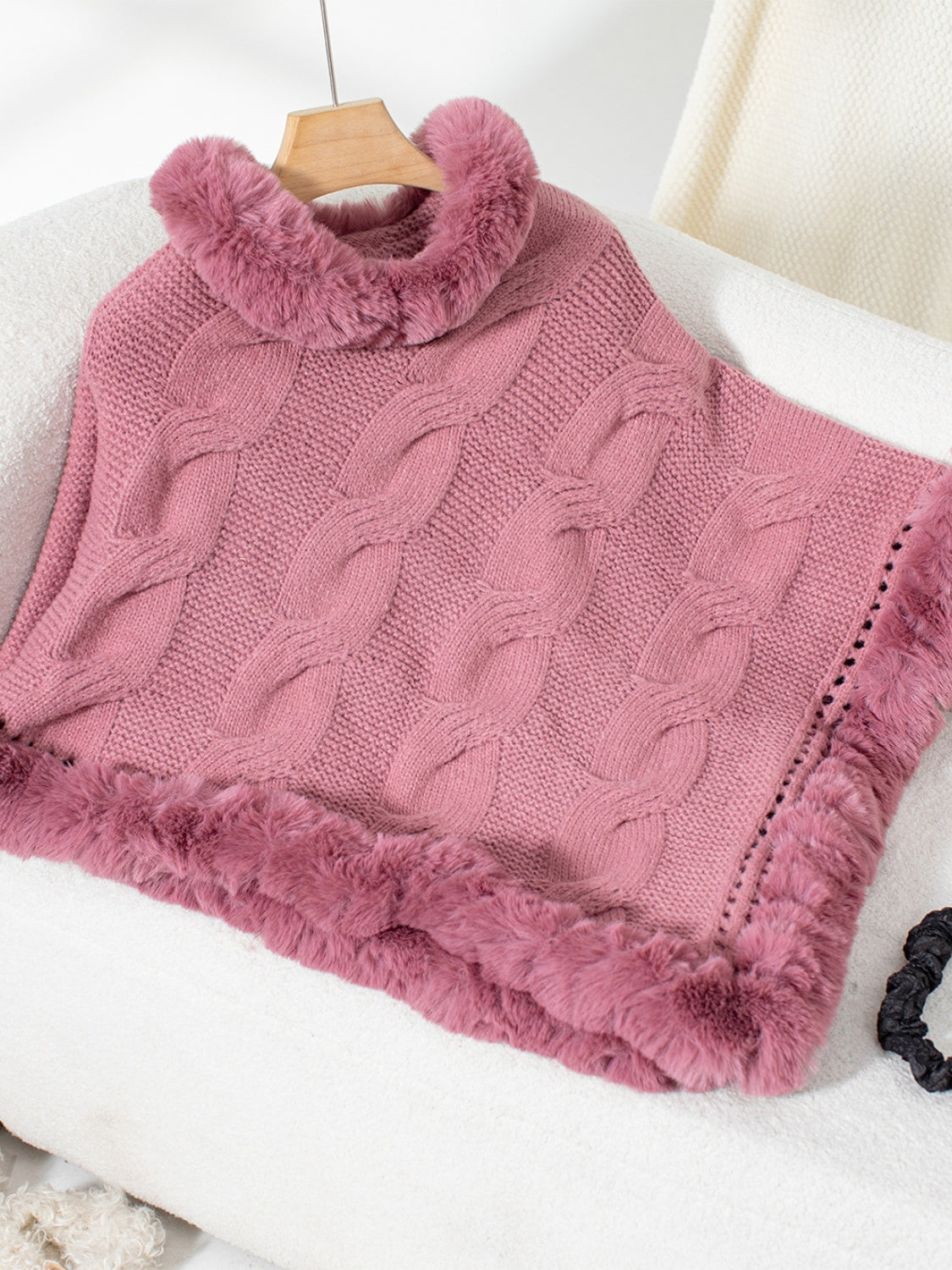 Fuzzy Hem Cable-Knit Poncho-Angel Casuals