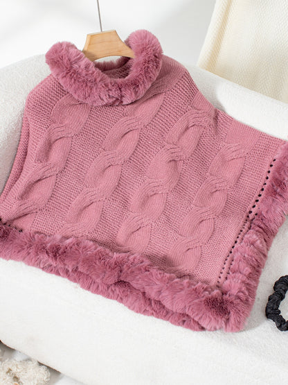 Fuzzy Hem Cable-Knit Poncho-Angel Casuals