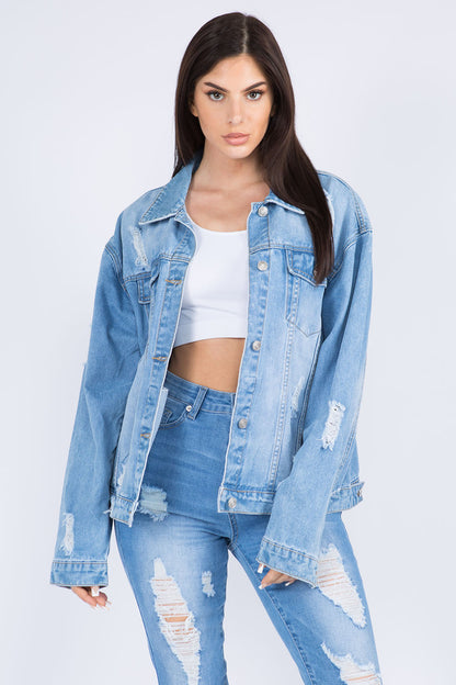 American Bazi Full Size Painted Back Distressed Denim Jacket-Angel Casuals