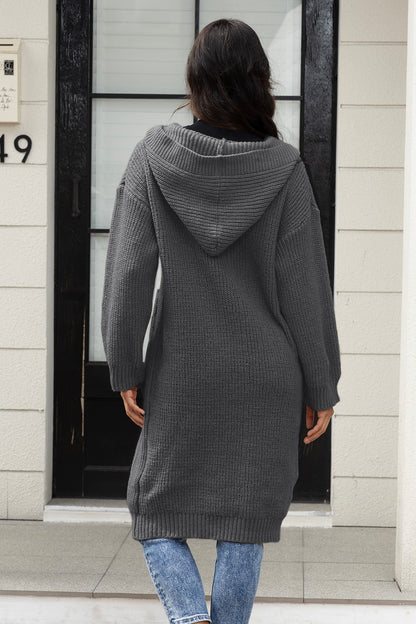 Button Up Long Sleeve Hooded Cardigan with Pockets-Angel Casuals
