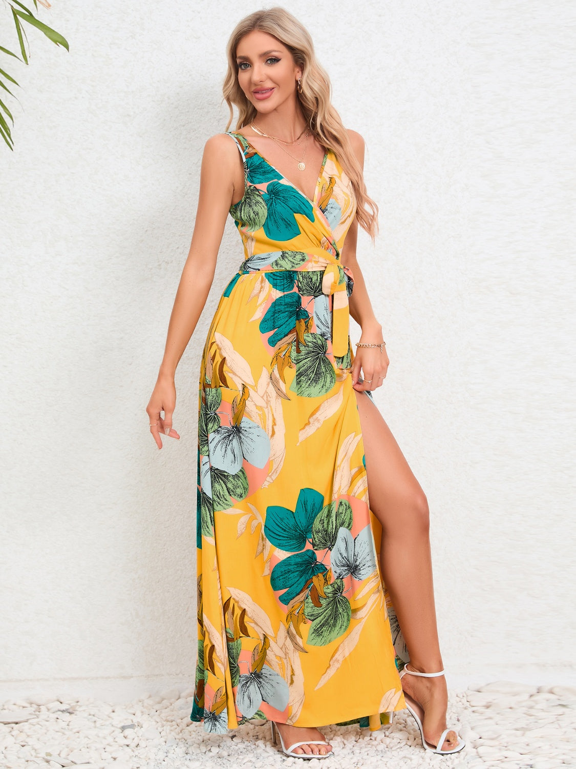 Slit Tied Printed Surplice Dress-Angel Casuals