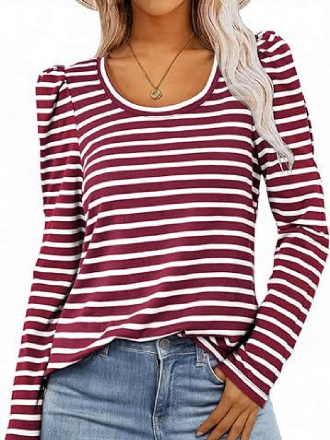 Striped Round Neck Long Sleeve T-Shirt-Angel Casuals