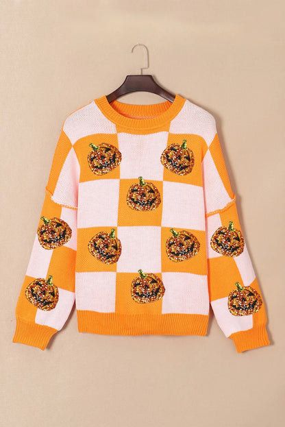 Pumpkin Checkered Round Neck Long Sleeve Sweater-Angel Casuals